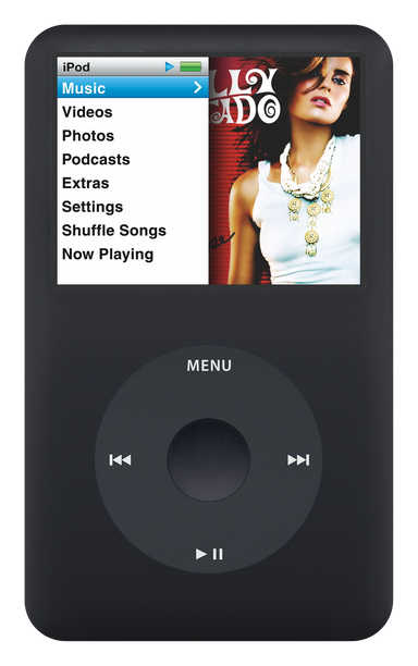 iPod Classic 6th Gen, Black (Apple artwork illustration, not a photo of the unit)