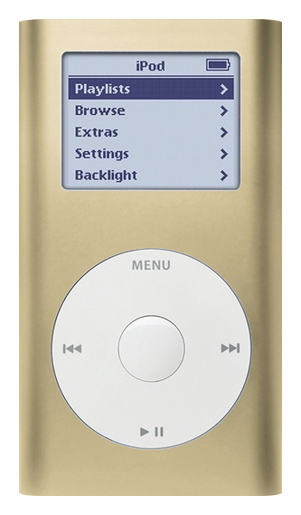 iPod Mini 1st Gen, Gold (Apple artwork illustration, not a photo of the unit)