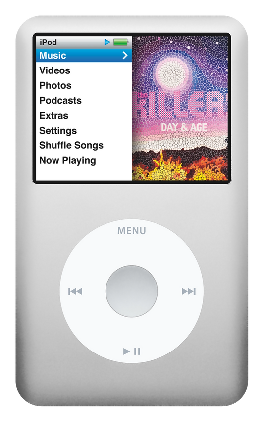 iPod Classic 7th Gen, Silver (Apple artwork illustration, not a photo of the unit)
