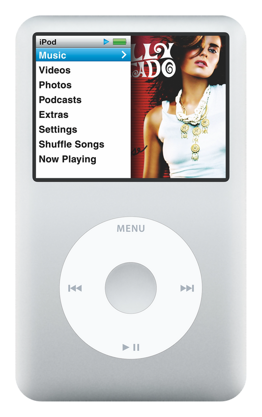 iPod Classic 6th Gen, Silver (Apple artwork illustration, not a photo of the unit)